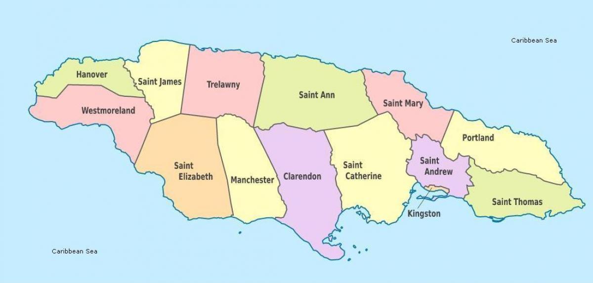карта на Ямайка с общини и столици