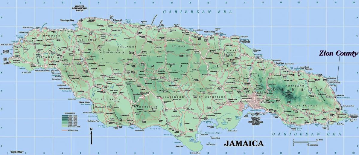 физическа карта, Ямайка, показващи планината