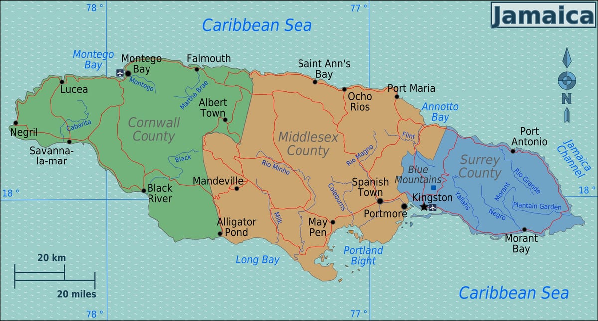 Карта на Ямайка общини и градове