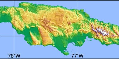 Карта на Ямайка са показани планини, равнини и долини